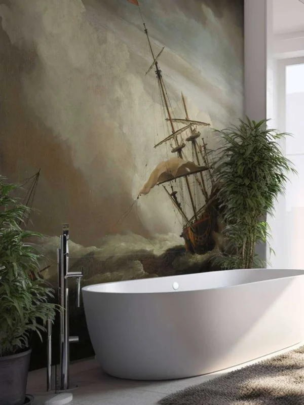 New Een schip in volle zee bij vliegende storm fotobehang Transport | Kunst & Design