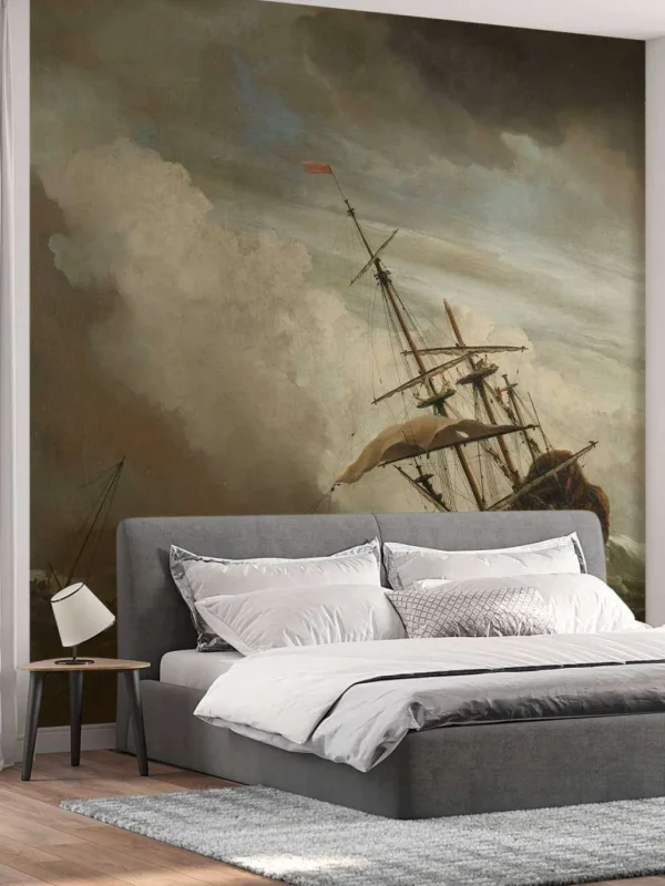 New Een schip in volle zee bij vliegende storm fotobehang Transport | Kunst & Design