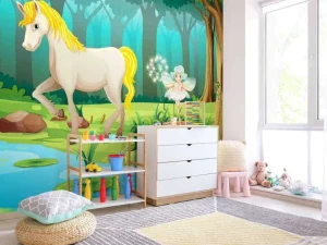 Fashion Eenhoorn bij een vijver fotobehang Kinderkamer