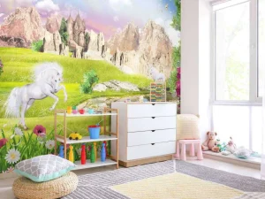 Fashion Eenhoorns in een droomlandschap fotobehang Kinderkamer
