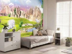 Fashion Eenhoorns in een droomlandschap fotobehang Kinderkamer