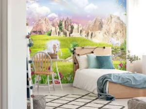 Fashion Eenhoorns in een droomlandschap fotobehang Kinderkamer
