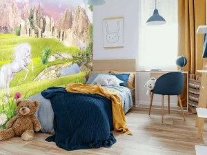 Fashion Eenhoorns in een droomlandschap fotobehang Kinderkamer