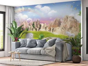 Fashion Eenhoorns in een droomlandschap fotobehang Kinderkamer