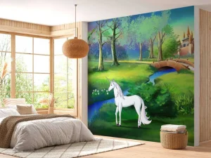 Clearance Eenhoorns in een sprookjesbos fotobehang Kinderkamer