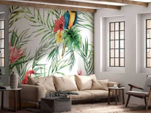 Outlet Exotische vogels print fotobehang Bloemen