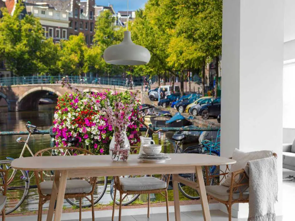 fietsen_op_een_amsterdams_3.webp Online Fietsen op een Amsterdamse brug fotobehang Steden | Architectuur
