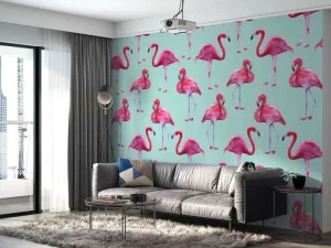New Flamingo print met een blauwe achtergrond fotobehang Tienerkamer | Dieren