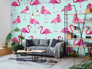 New Flamingo print met een blauwe achtergrond fotobehang Tienerkamer | Dieren