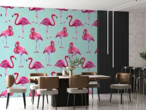 New Flamingo print met een blauwe achtergrond fotobehang Tienerkamer | Dieren