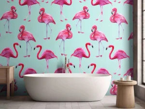 New Flamingo print met een blauwe achtergrond fotobehang Tienerkamer | Dieren