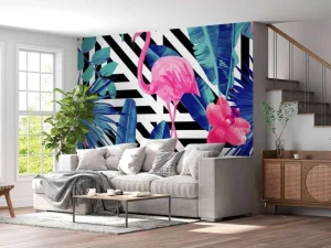 Hot Flamingo print met witte en zwarte strepen fotobehang Dieren