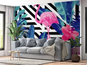 Hot Flamingo print met witte en zwarte strepen fotobehang Dieren