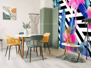 Hot Flamingo print met witte en zwarte strepen fotobehang Dieren