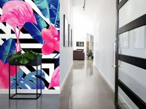Hot Flamingo print met witte en zwarte strepen fotobehang Dieren