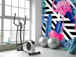 Hot Flamingo print met witte en zwarte strepen fotobehang Dieren