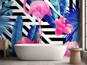 Hot Flamingo print met witte en zwarte strepen fotobehang Dieren