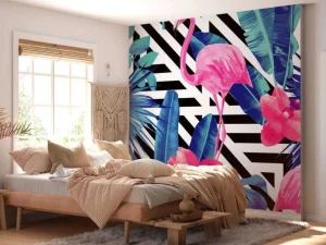 Hot Flamingo print met witte en zwarte strepen fotobehang Dieren