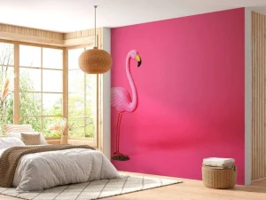 Outlet Flamingo van kunstof met een roze achtergrond fotobehang Tienerkamer | Dieren