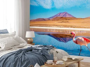 Online Flamingo's bij een meer fotobehang Dieren