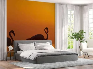 Clearance Flamingo's bij zonsondergang fotobehang Dieren