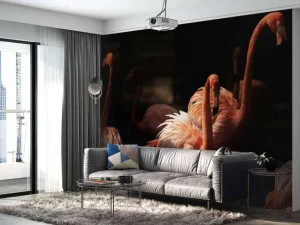 Fashion Flamingo's met een donkere achtergrond fotobehang Tienerkamer | Dieren