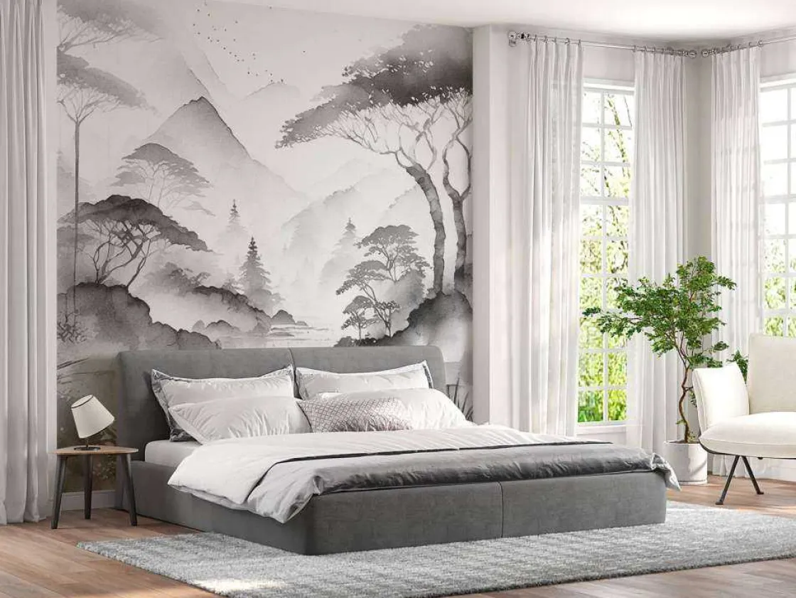 fotobehang__bergmeer_in_n_1-2.webp Sale Fotobehang - Bergmeer in Nevelige Inkt Landschappen