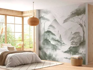 Fashion Fotobehang - Bergmeer in Nevelige Inkt, groen Landschappen