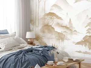 Outlet Fotobehang - Bergmeer in Nevelige Inkt, taupe Landschappen