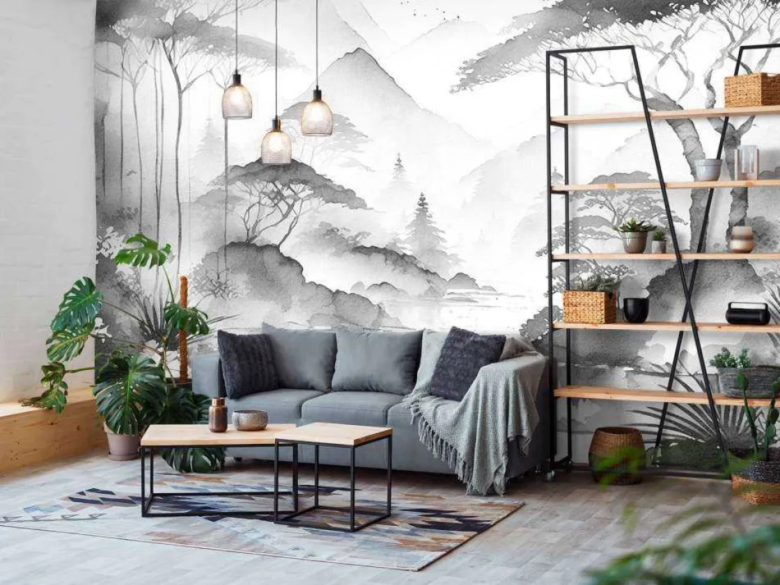 fotobehang__bergmeer_in_n_2-2.webp Sale Fotobehang - Bergmeer in Nevelige Inkt Landschappen