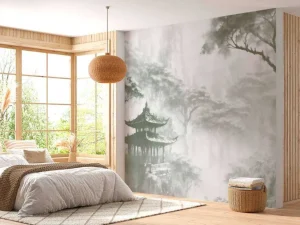Sale Fotobehang - Nevelig Oosters Paviljoen, groen Landschappen