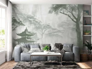 Sale Fotobehang - Nevelig Oosters Paviljoen, groen Landschappen
