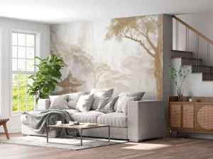Hot Fotobehang - Nevelig Oosters Paviljoen, taupe Landschappen