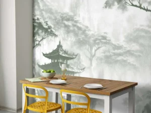 Sale Fotobehang - Nevelig Oosters Paviljoen, groen Landschappen