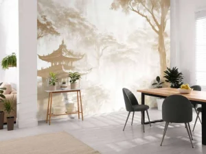 Hot Fotobehang - Nevelig Oosters Paviljoen, taupe Landschappen