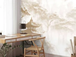Hot Fotobehang - Nevelig Oosters Paviljoen, taupe Landschappen