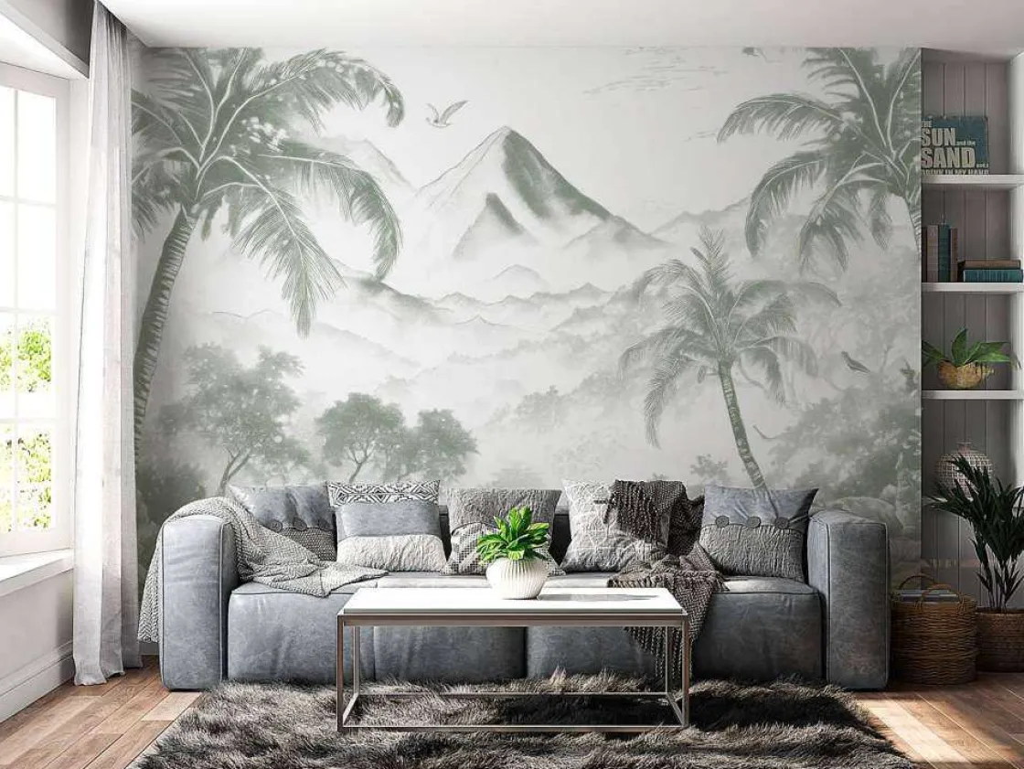 fotobehang__ochtendgloren_2-1.webp Discount Fotobehang - Ochtendgloren op Vulkanisch Eiland, groen Landschappen