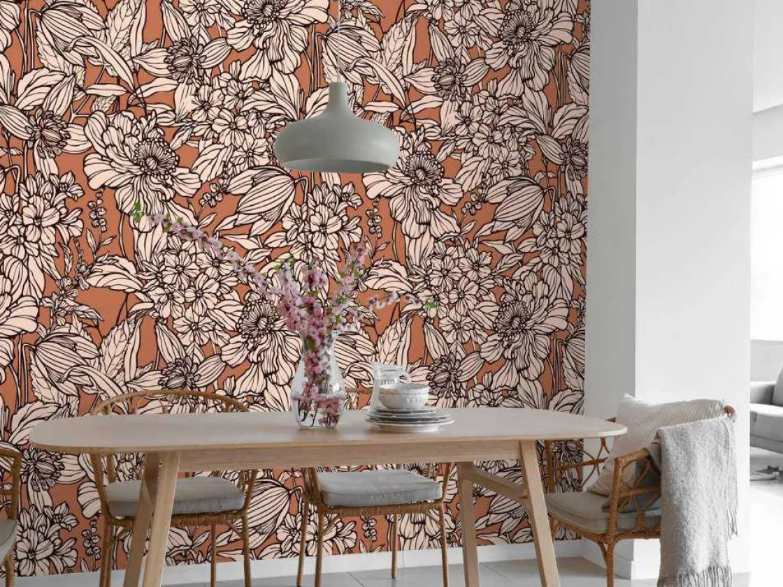 fotobehang__terracotta_bo_3.webp Fashion Fotobehang - Terracotta Botanische Lijnen Bloemen