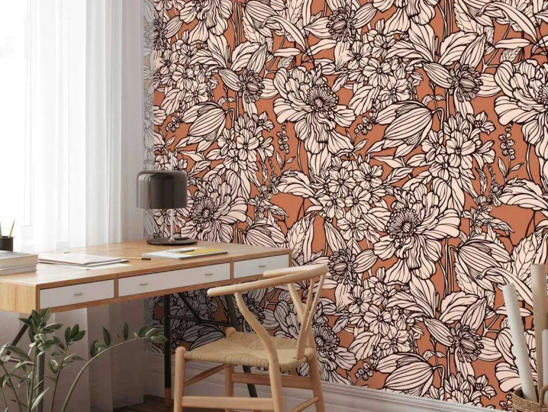 fotobehang__terracotta_bo_8.webp Fashion Fotobehang - Terracotta Botanische Lijnen Bloemen