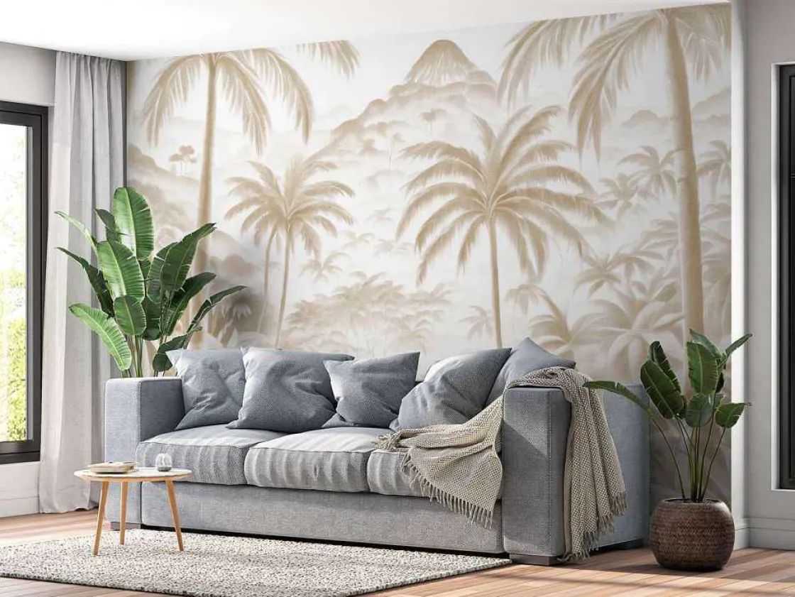 fotobehang__tropische_ber_2.webp Outlet Fotobehang - Tropische Bergoase, taupe Landschappen