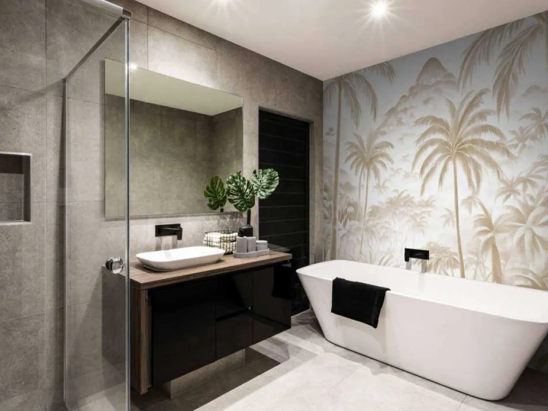 fotobehang__tropische_ber_5.webp Outlet Fotobehang - Tropische Bergoase, taupe Landschappen