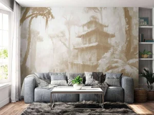Best Fotobehang - Verborgen hut in Mistig Woud, taupe Landschappen