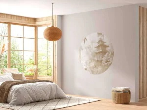 Best Fotobehang - Verborgen hut in Mistig Woud, taupe Landschappen