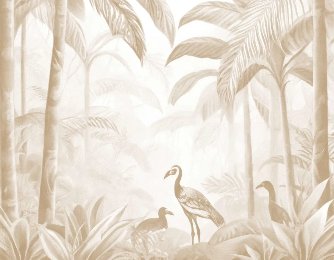 fotobehang__verborgen_jun_0.webp New Fotobehang - Verborgen Jungle met Ibis, taupe Landschappen