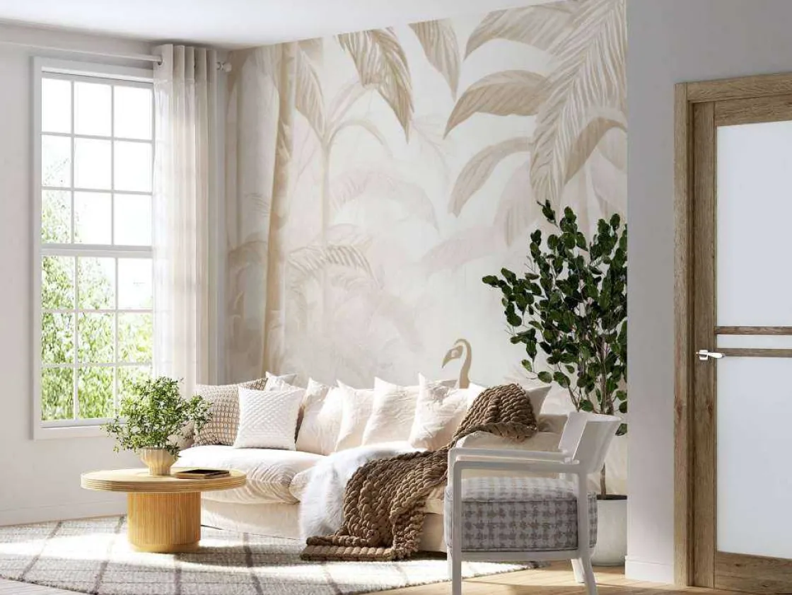 fotobehang__verborgen_jun_2.webp New Fotobehang - Verborgen Jungle met Ibis, taupe Landschappen