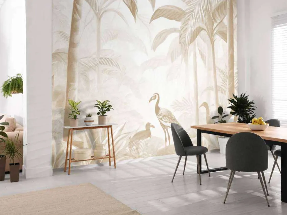 fotobehang__verborgen_jun_3.webp New Fotobehang - Verborgen Jungle met Ibis, taupe Landschappen