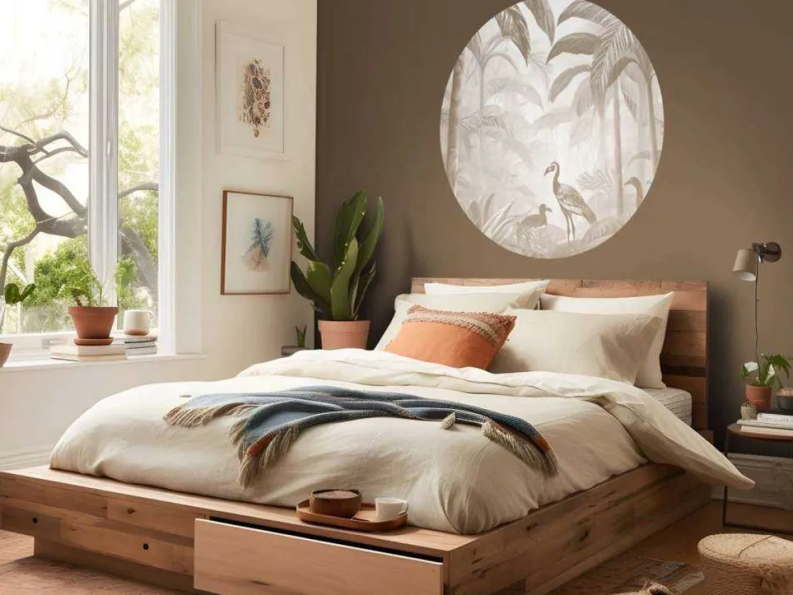 fotobehang__verborgen_jun_9.webp New Fotobehang - Verborgen Jungle met Ibis, taupe Landschappen