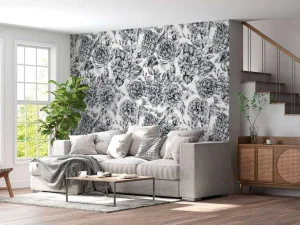 Sale Fotobehang - Zwart-Witte Bloementuin Bloemen