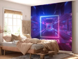 Outlet Futuristisch neon verlichte tunnel fotobehang Computerkamer | 3d