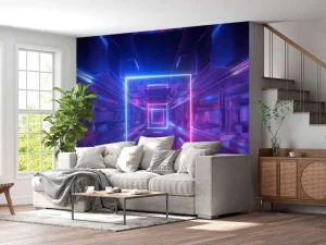 Outlet Futuristisch neon verlichte tunnel fotobehang Computerkamer | 3d